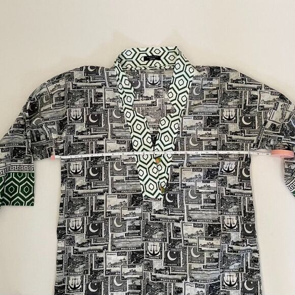 Cotton V-Neck Tunic/Kaftan Geometric Print Pakistan Stamp Print, Size XS - Picture 11 of 16